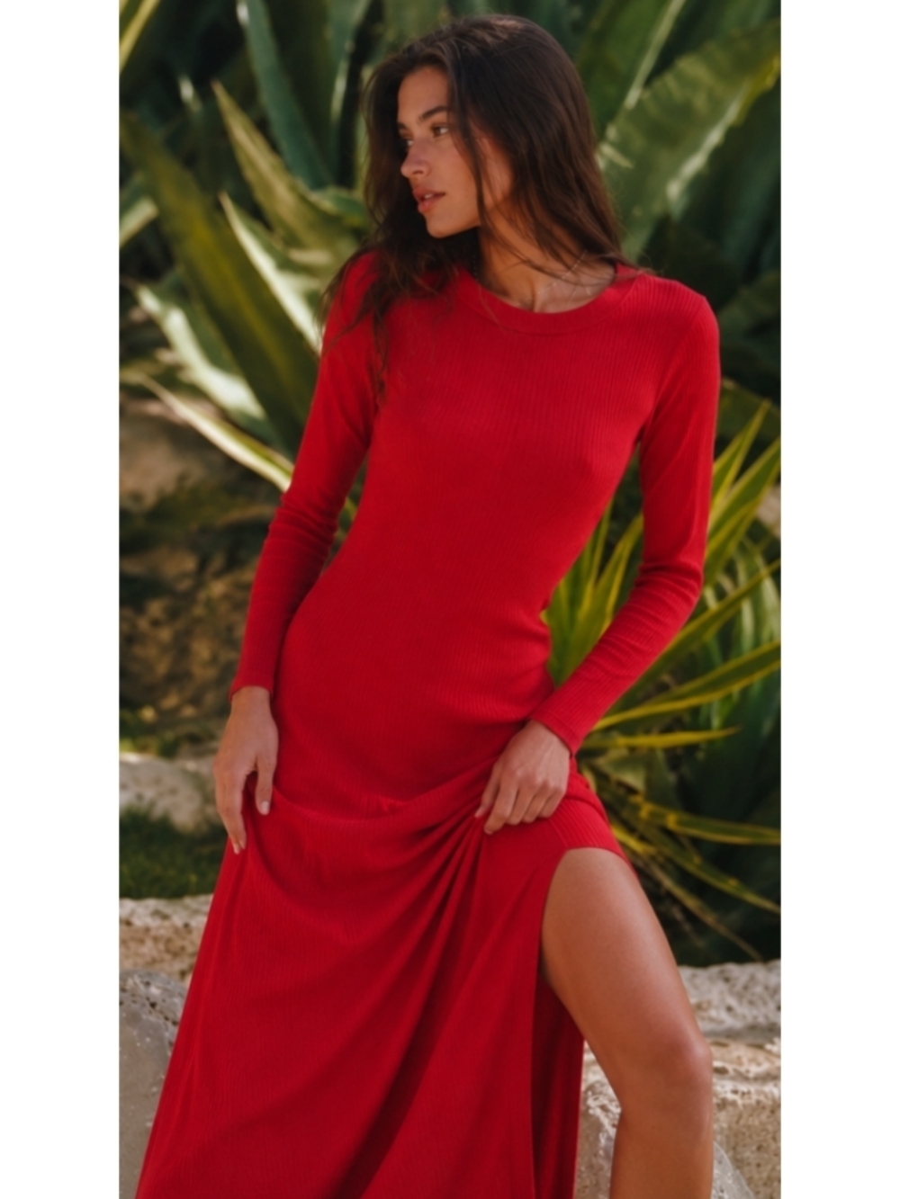 Free People Red Ribbed Long-Sleeve Maxi Dress with Side Slit 100 Percent Cotton